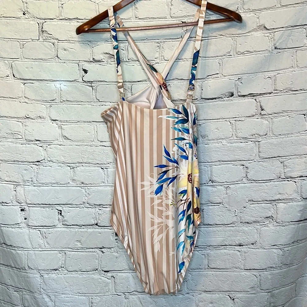Athena Tan White Striped Floral Halter Swimsuit Size 6 Excellent Condition